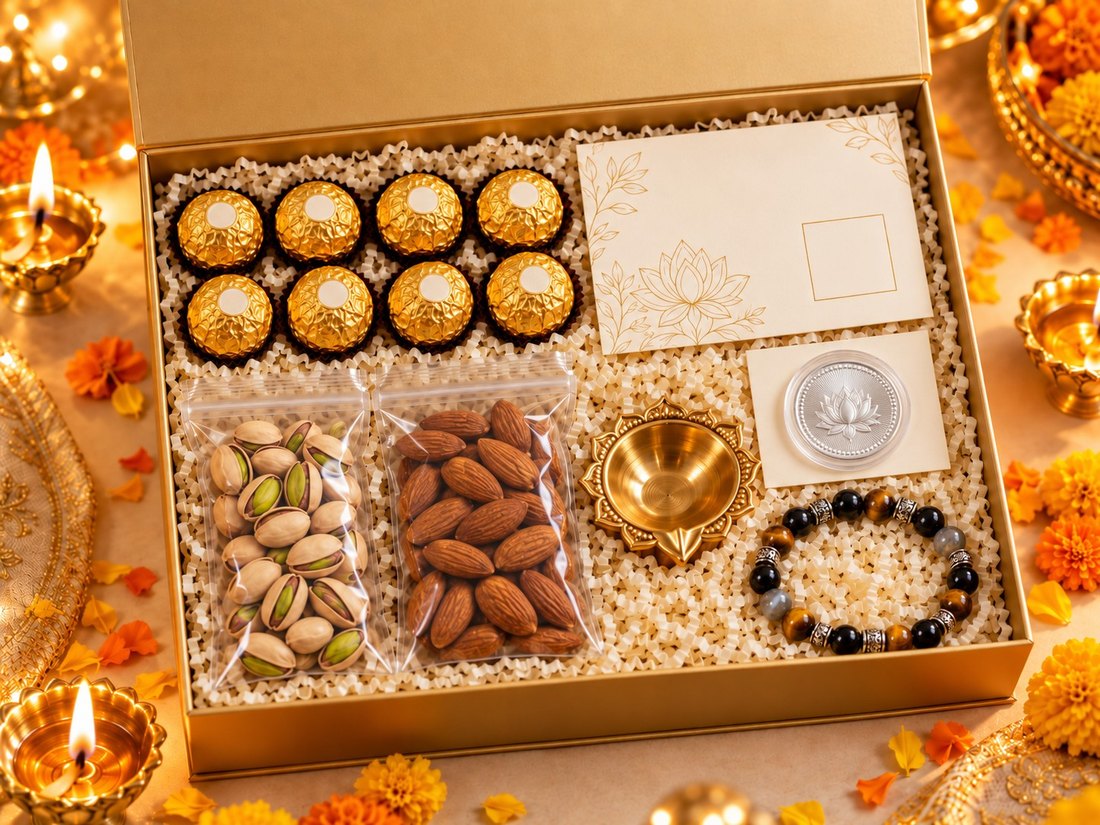 Aasmani box contents: Ferrero Rocher, dry fruits, brass diya, Triple Protection bracelet, silver coin and note