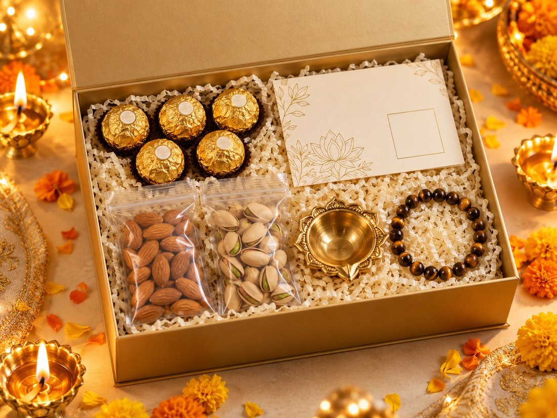 Anar box contents: Ferrero Rocher, dry fruits, brass diya, Tiger Eye bracelet and note